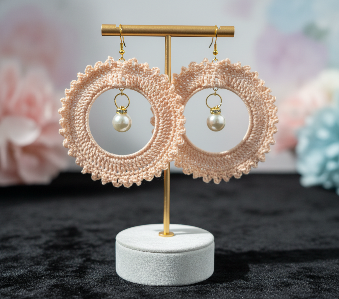 Peach and Pearl Handcrochet Earrings