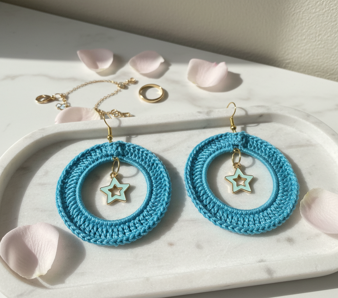 Turquoise Hand Crochet with Hangiing  Star Earrings