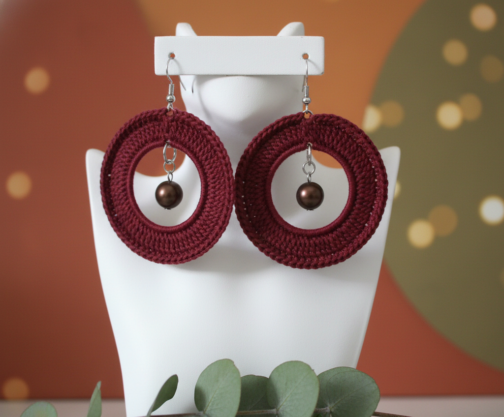 Burgundy Handcrocheted with Burgundy Pearl Earrings