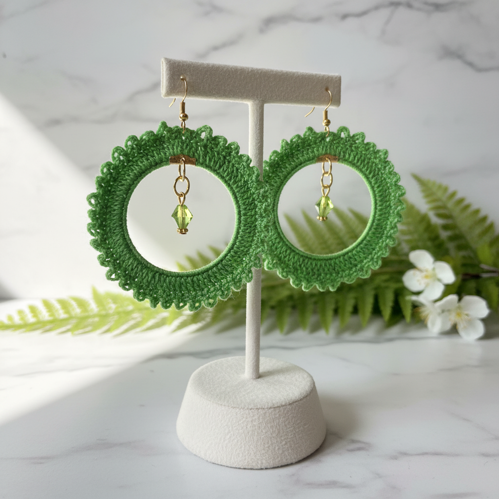 Lime Green Handcrochet with Dangling Green Bead Earrings