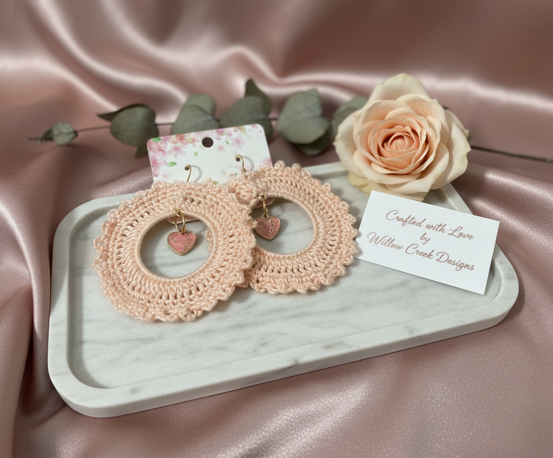 Peach Handcrochet with Dangling Heart Earrings