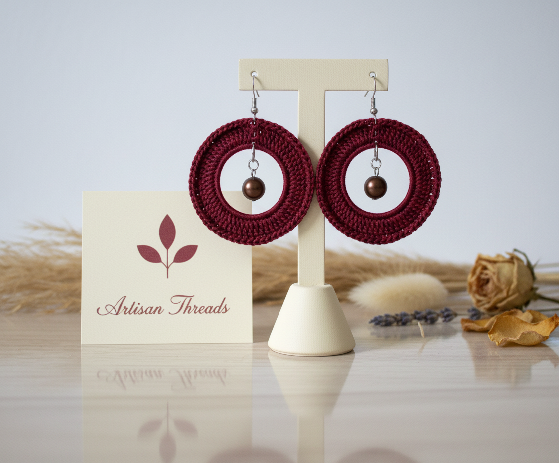 Burgundy Handcrocheted with Burgundy Pearl Earrings