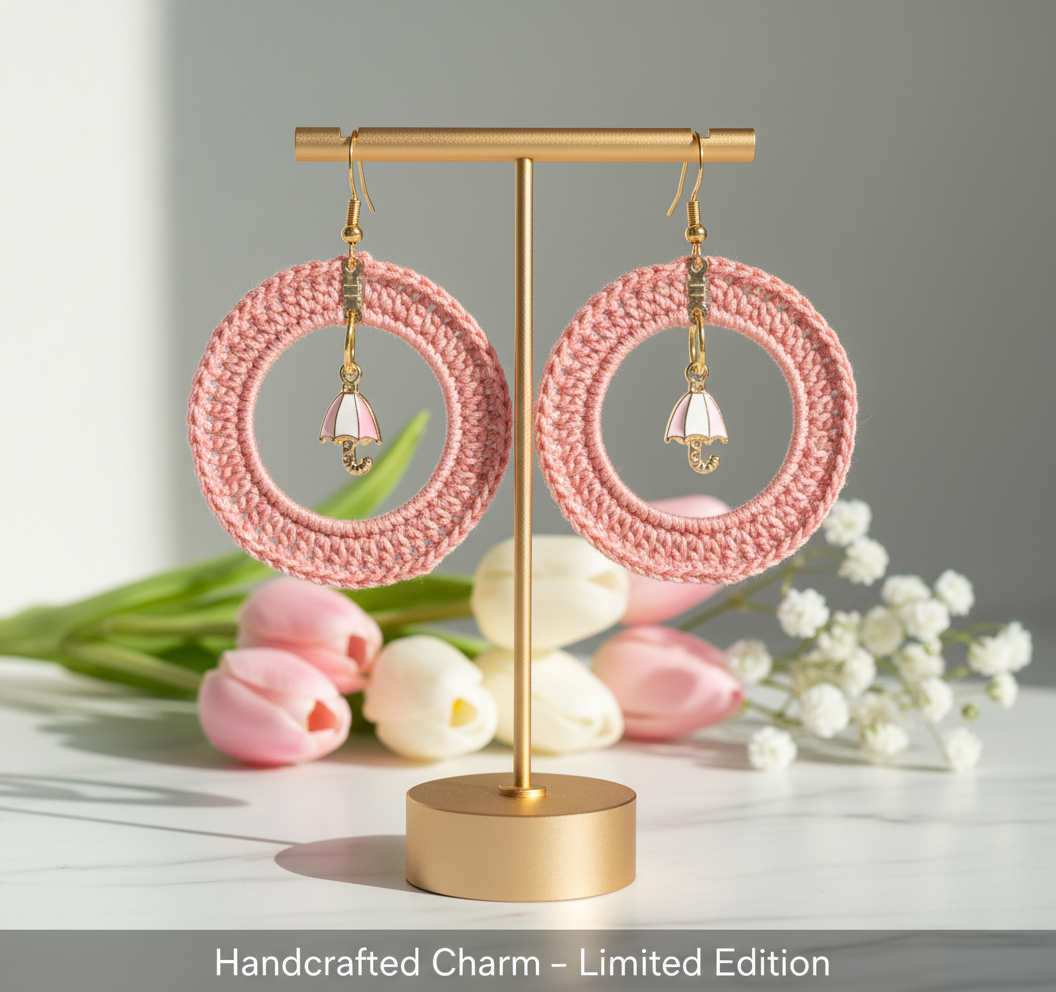 Pink Handcrochet Circles with Pink, Gold and White Umbrella dangling Earrings