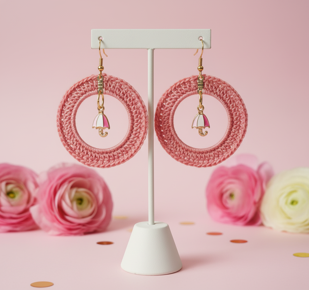 Pink Handcrochet Circles with Pink, Gold and White Umbrella dangling Earrings