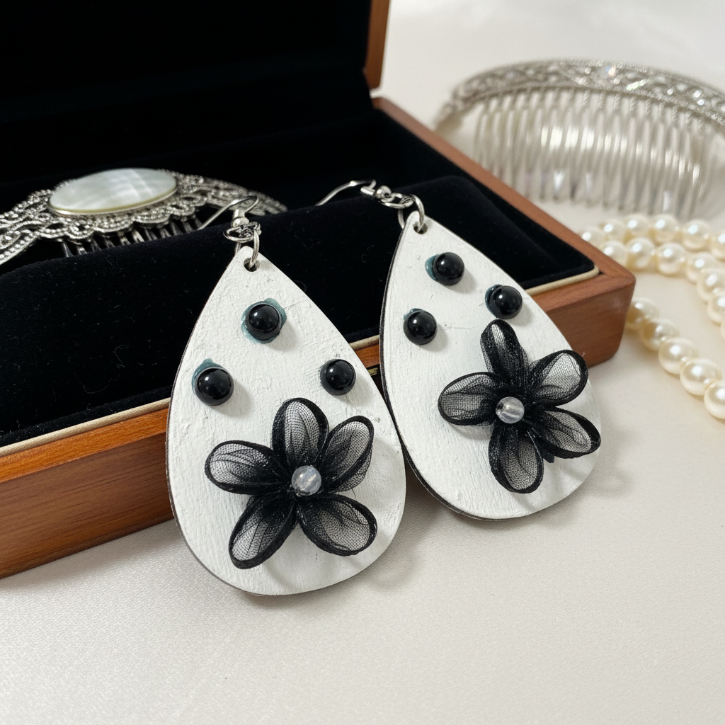 Black on White Wooden Earrings
