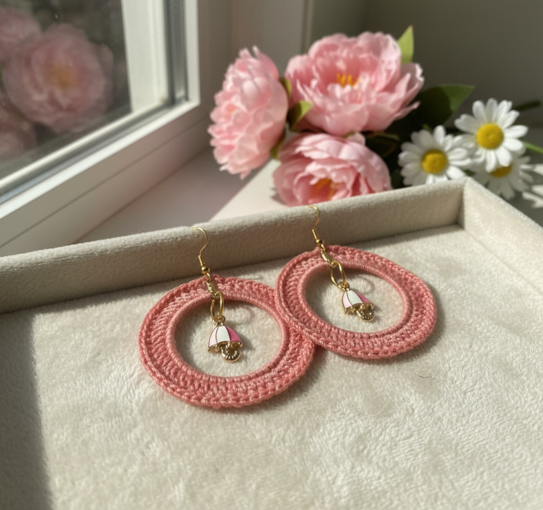 Pink Handcrochet Circles with Pink, Gold and White Umbrella dangling Earrings