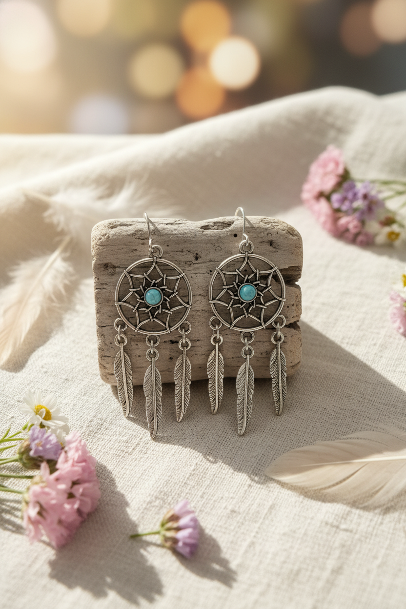 Dreamcatcher With Feathers Dangle Earrings