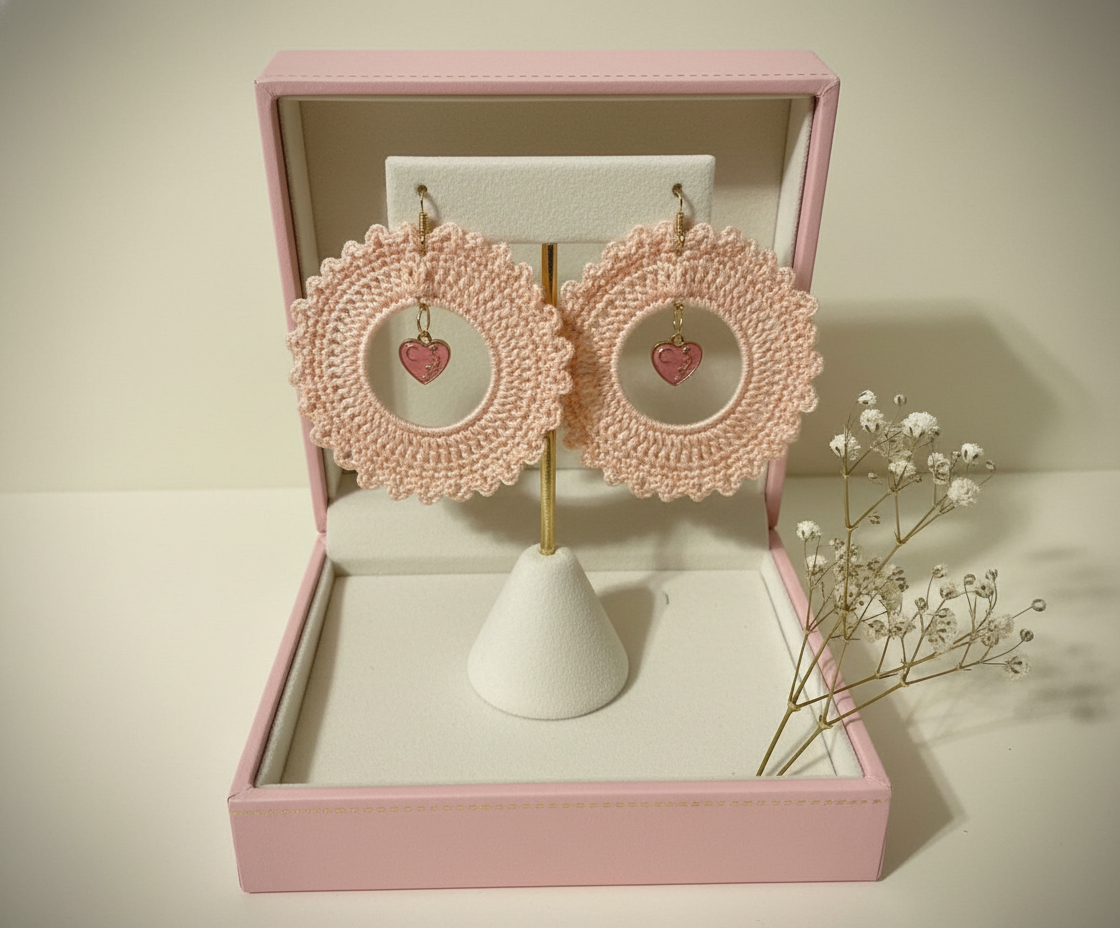 Peach Handcrochet with Dangling Heart Earrings