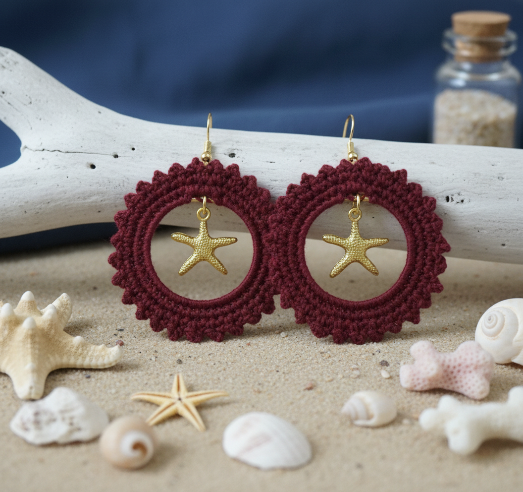 Gold star burgundy hand crochet earrings