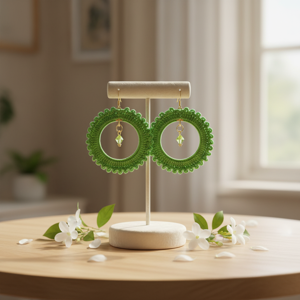 Lime Green Handcrochet with Dangling Green Bead Earrings