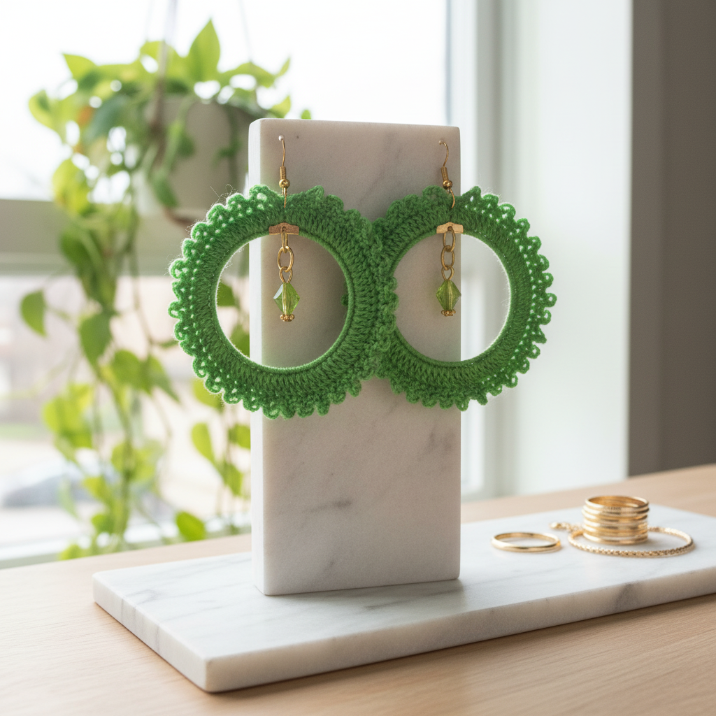 Lime Green Handcrochet with Dangling Green Bead Earrings