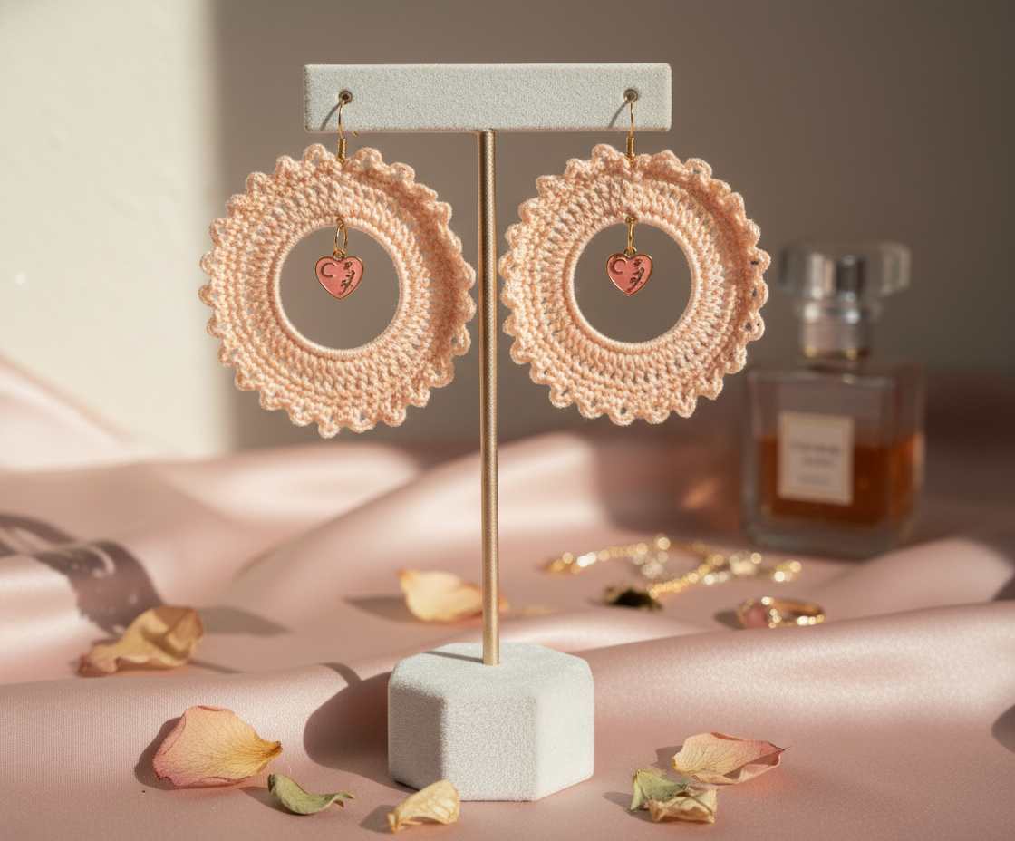 Peach Handcrochet with Dangling Heart Earrings
