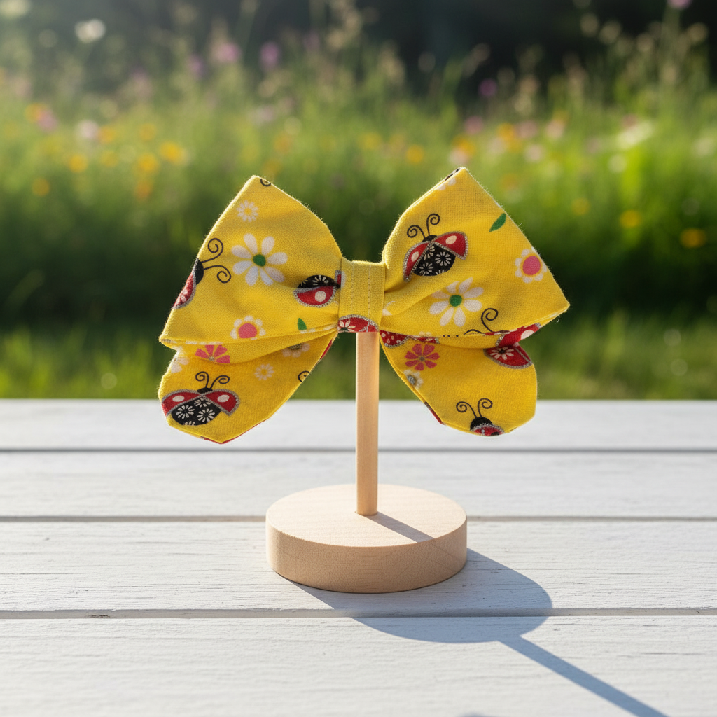 Yellow fabric bows with floral and ladybug patterns on a wooden stand against a natural background.