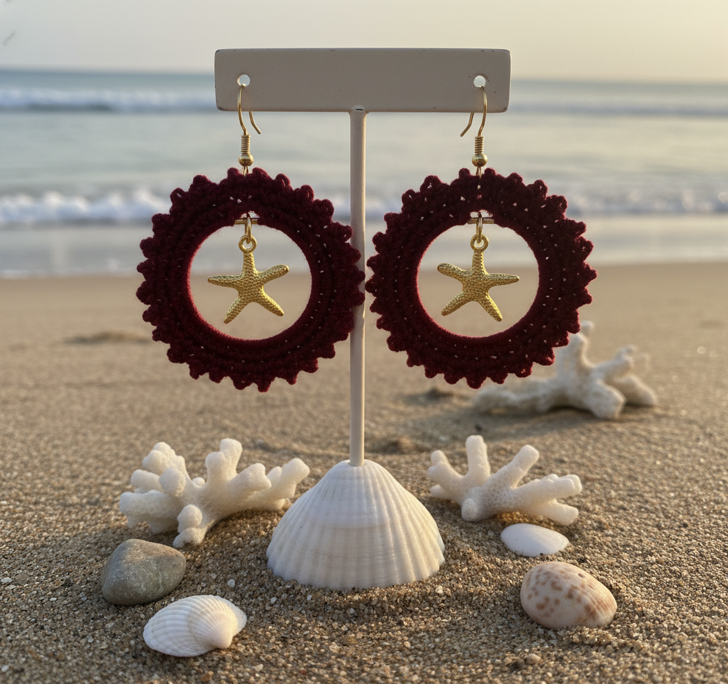 Gold star burgundy hand crochet earrings