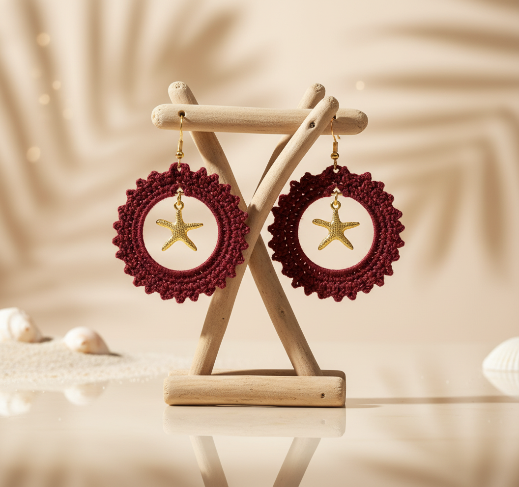 Gold star burgundy hand crochet earrings