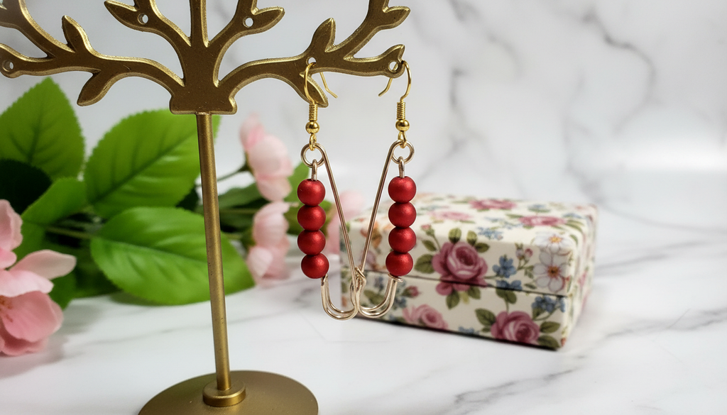Gold Tone Safety Pin and Red Bead Earrings