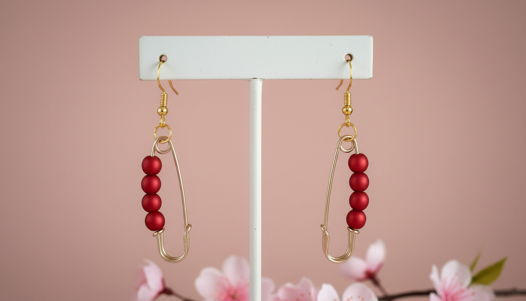 Gold Tone Safety Pin and Red Bead Earrings