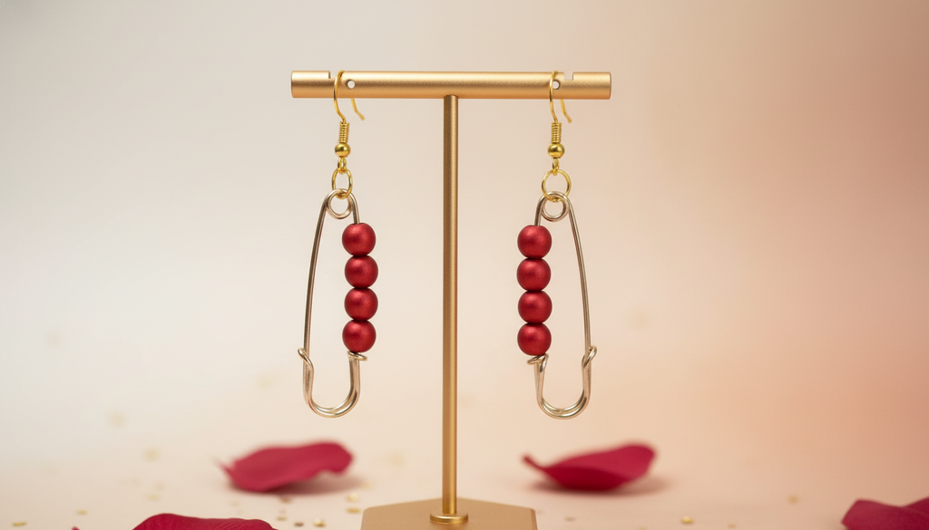 Gold Tone Safety Pin and Red Bead Earrings